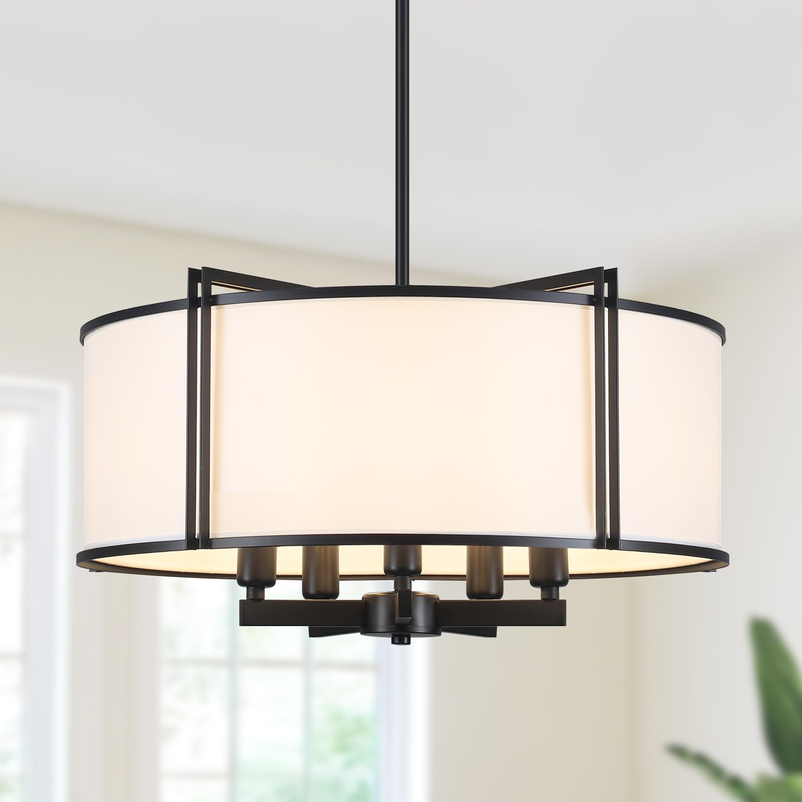 Cwarmozy 19.6'' Black Drum Chandelier 5-Light Modern White Fabric Chandeliers For Dining Room Adjustable Farmhouse Pendant Light