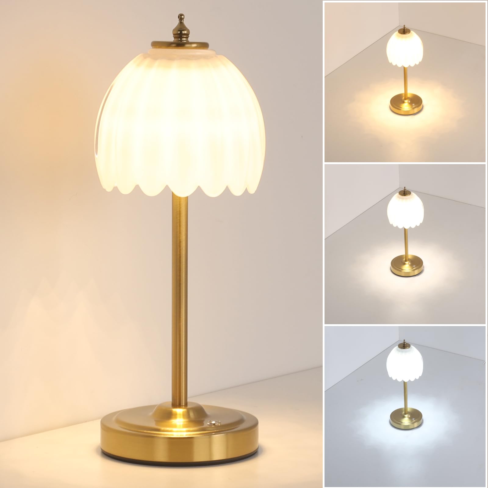 Shenmoyl Tulip Table Lamp with 5000mAh Battery & Touch Control, Small Cordless Table Lamp with 3 Colors, Dimmable Rechargeable B