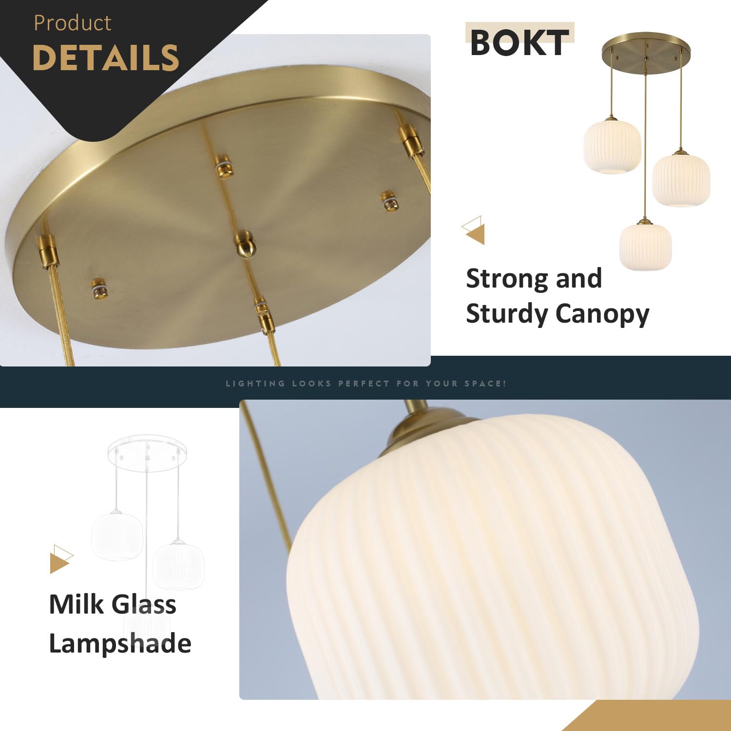 BOKT 3-Light Globe Pendant Light - Vintage Ribbed Glass Chandelier, Adjustable Height, Milk White Finish, Model BP1150-W