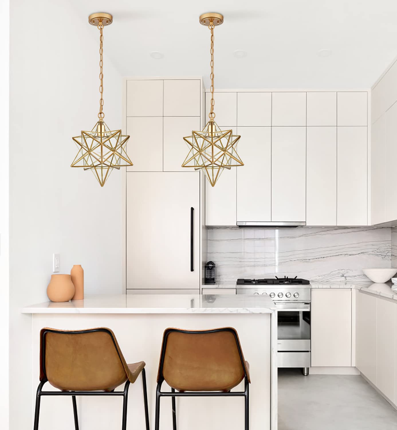 Danseer 14-Inch Moravian Star Brass Pendant Light With Clear Glass Shade