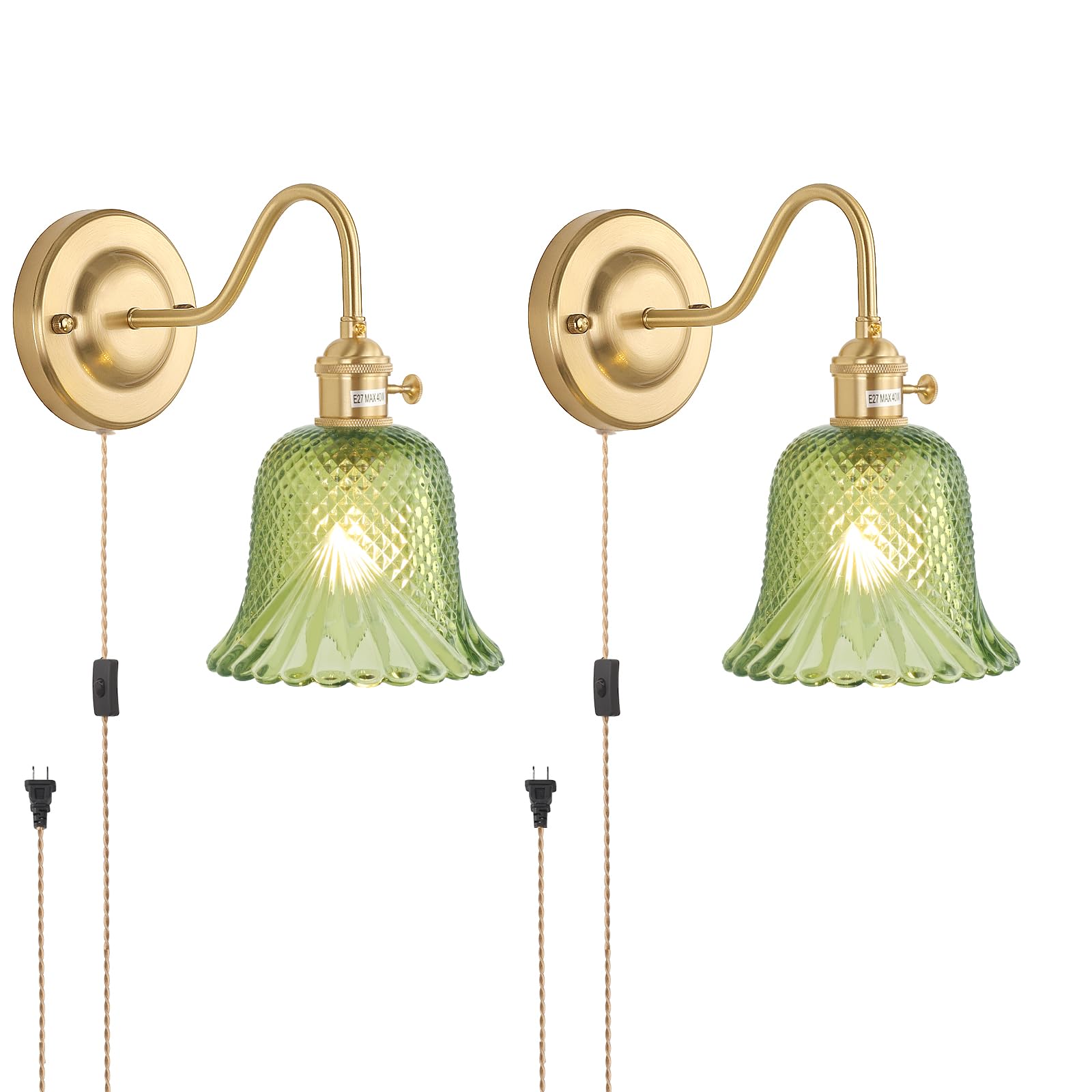 Shenmoyl Wall Sconce Set of 2, Vintage Gold Indoor Lamp, Green Diamond Flower Glass Shade, 2 Light Plug in, Model 1-93721-wlamp