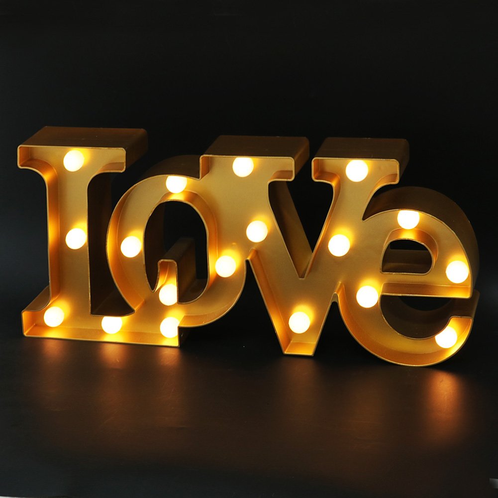 Bright Zeal Love Sign Wall Art - LED Marquee Light - 16inx7in - Gold - 18 Bulbs - Timer & Batteries Included