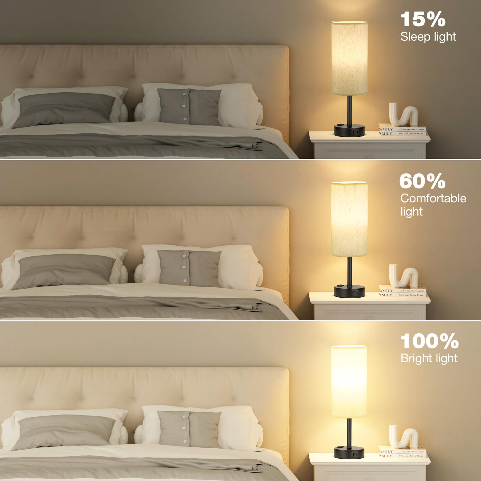 Light Beige Table Lamp For Nightstand - 3 Way Dimmable Bedside Lamp For Bedroom With Usb C A Charging Ports And Ac Outlet, Small