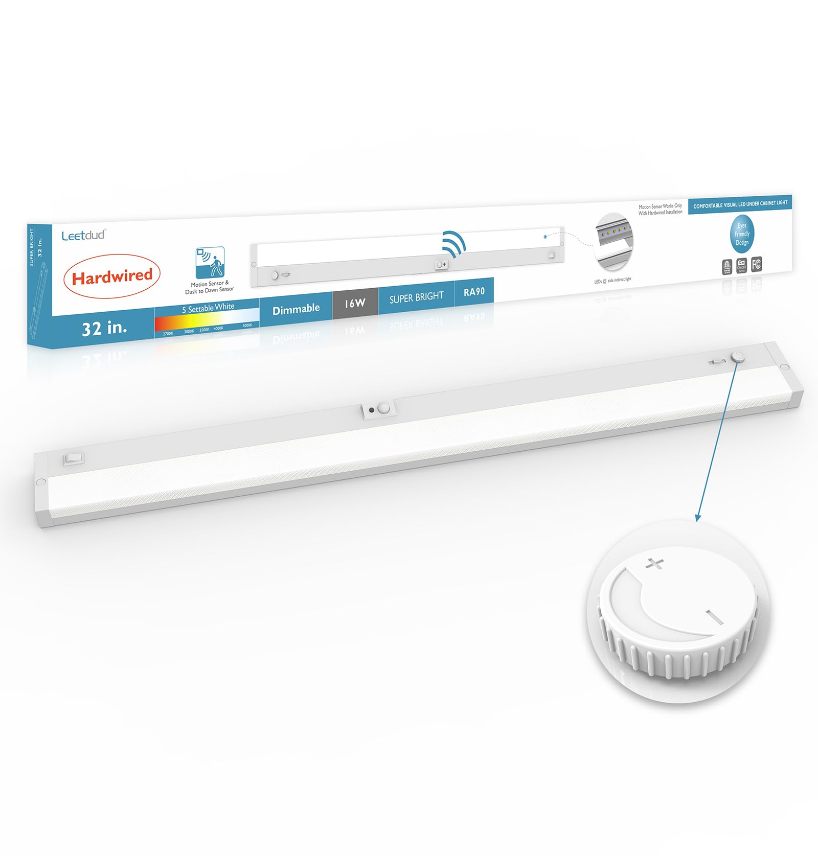 Leetdud LED Under Cabinet Lighting Motion Sensored Hardwired with Built-in Dimmer, 32 Inch 16W Dimmable 5 Color 2700/3000/3500/4