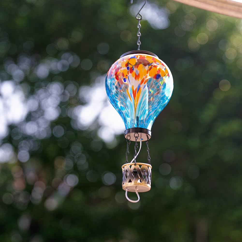 Giole Solar Hot Air Balloon Lantern Flickering Flame, Glass Hanging Solar Powered Lights, Waterproof Outdoor Garden Hanging Lant