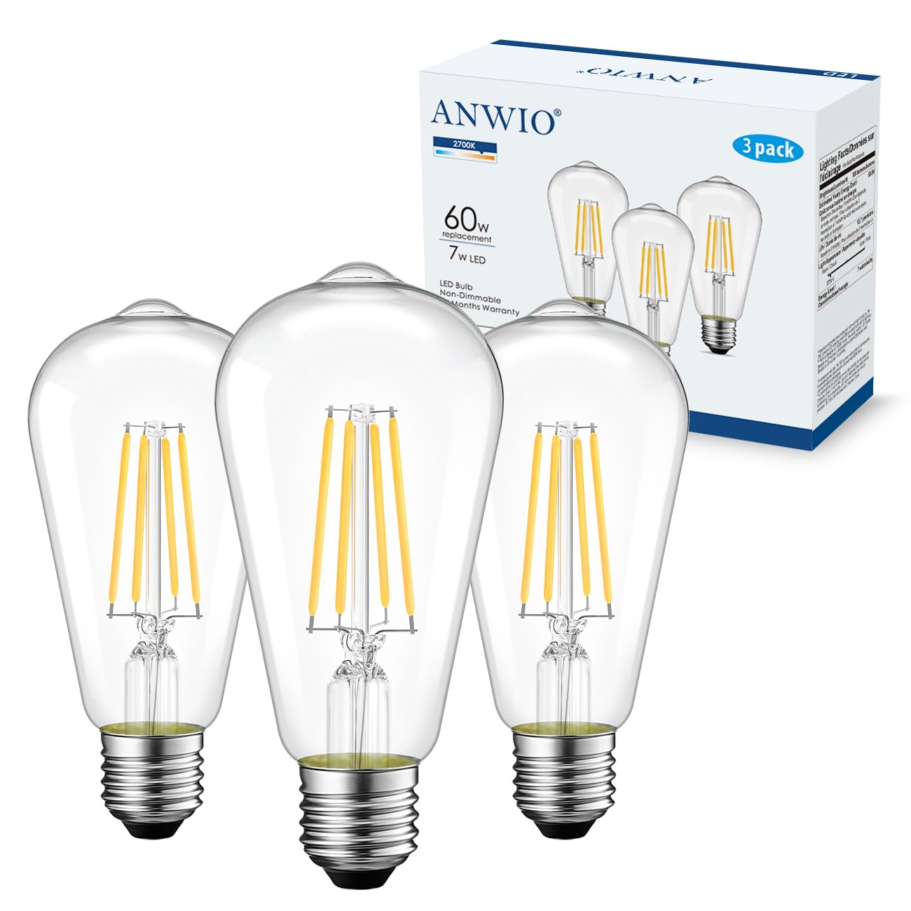 Anwio Vintage Led Edison Bulbs 3-Pack, 7W, Equivalent 60W, Non-Dimmable, St58 2700K Warm White Antique Led Filament Bulbs,E26 Me