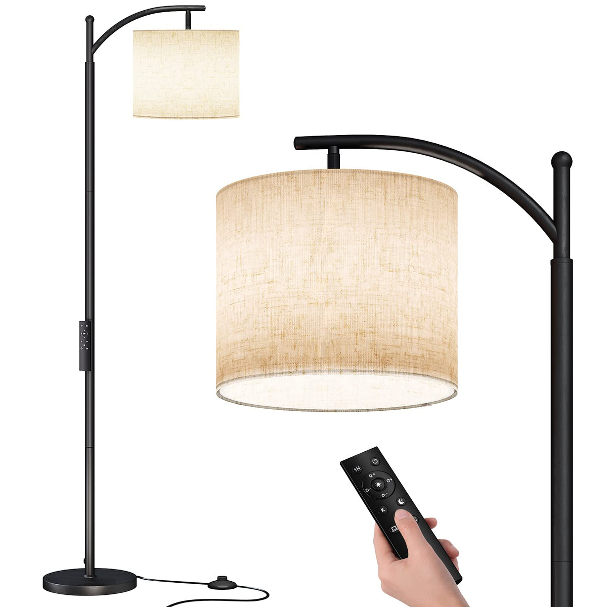Sunmory Arc Floor Lamp, Modern Floor Lamp With Romote Control And Stepless Dimmable Bulb, Metal Standing Lamps With Hanging Lamp