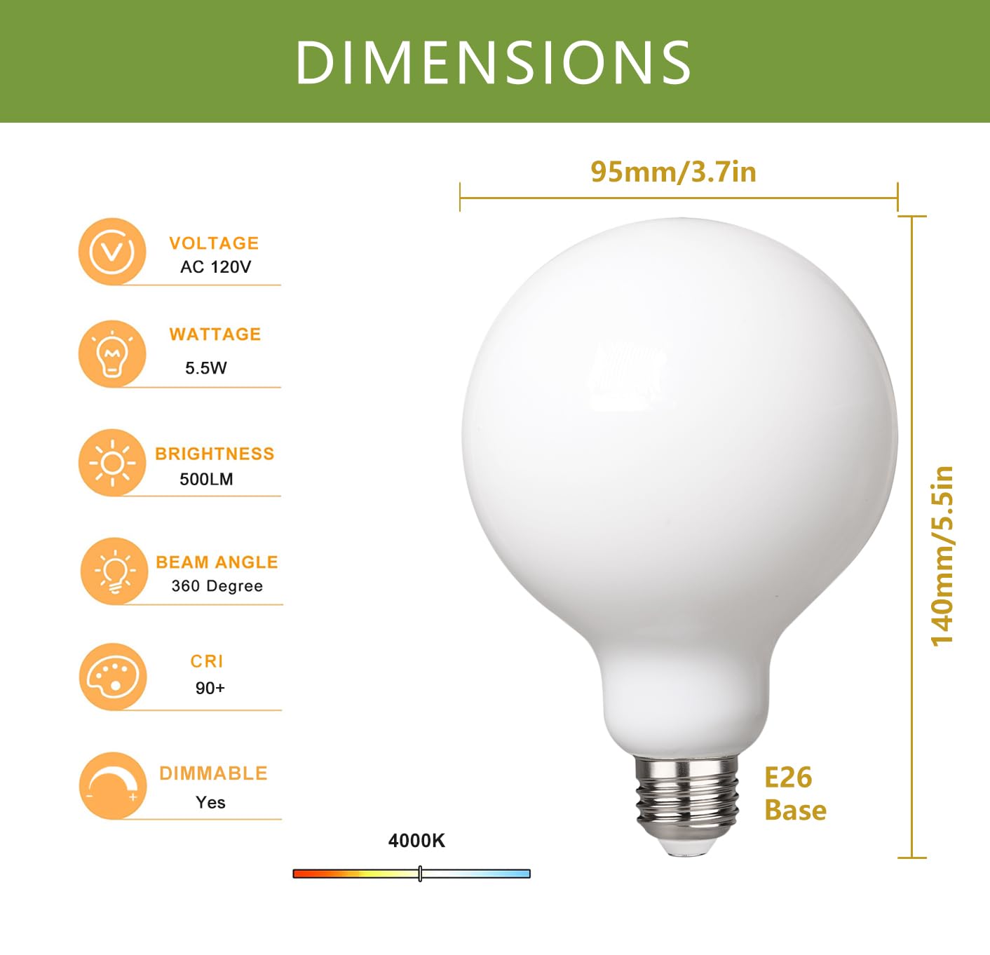 Meilux 2 Pack G30(G95) Globe Led Light Bulbs, 5.5W Dimmable 50 Watt Equivalent Led Edison Bulbs, Neutral White 4000K, 500Lm, E26