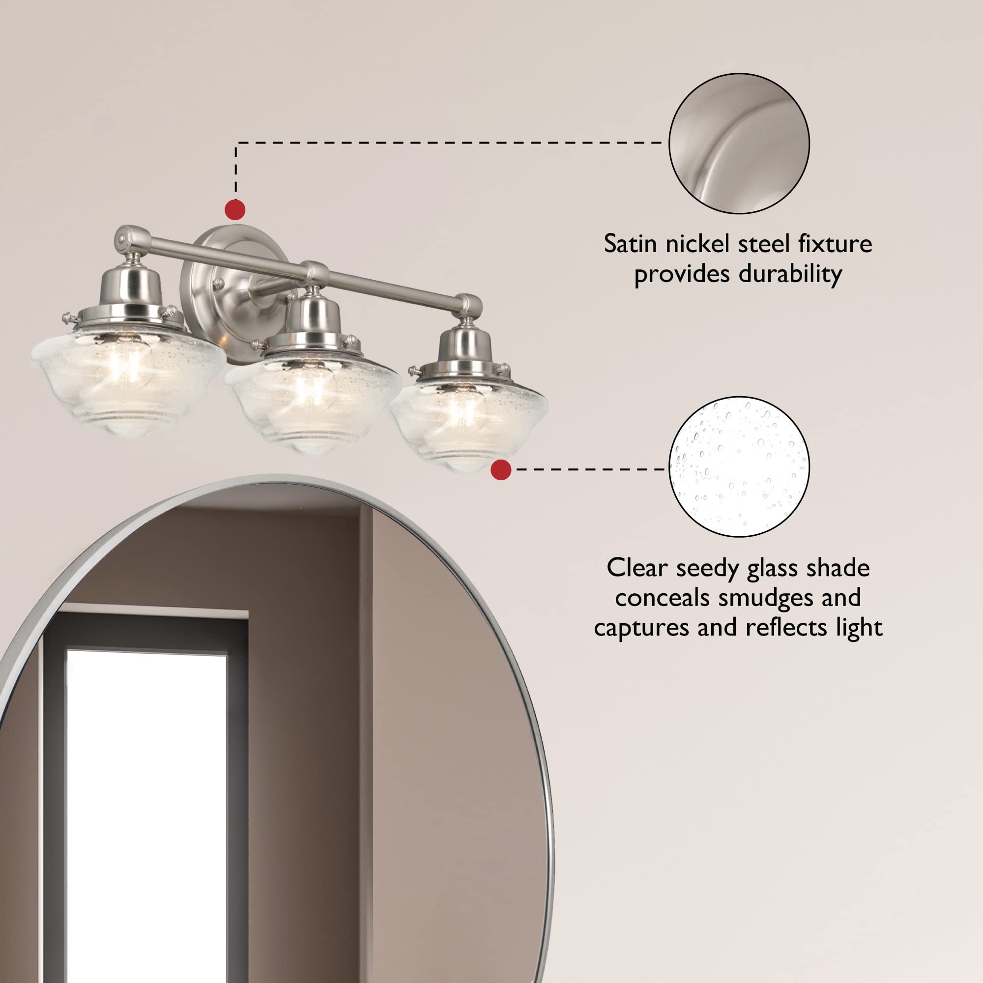 Design House Vintage-Inspired 3-Light Dimmable Vanity Light, Satin Nickel, Clear Seeded Glass Shades, 23.125 in x 7.625 in x 9.5 in,