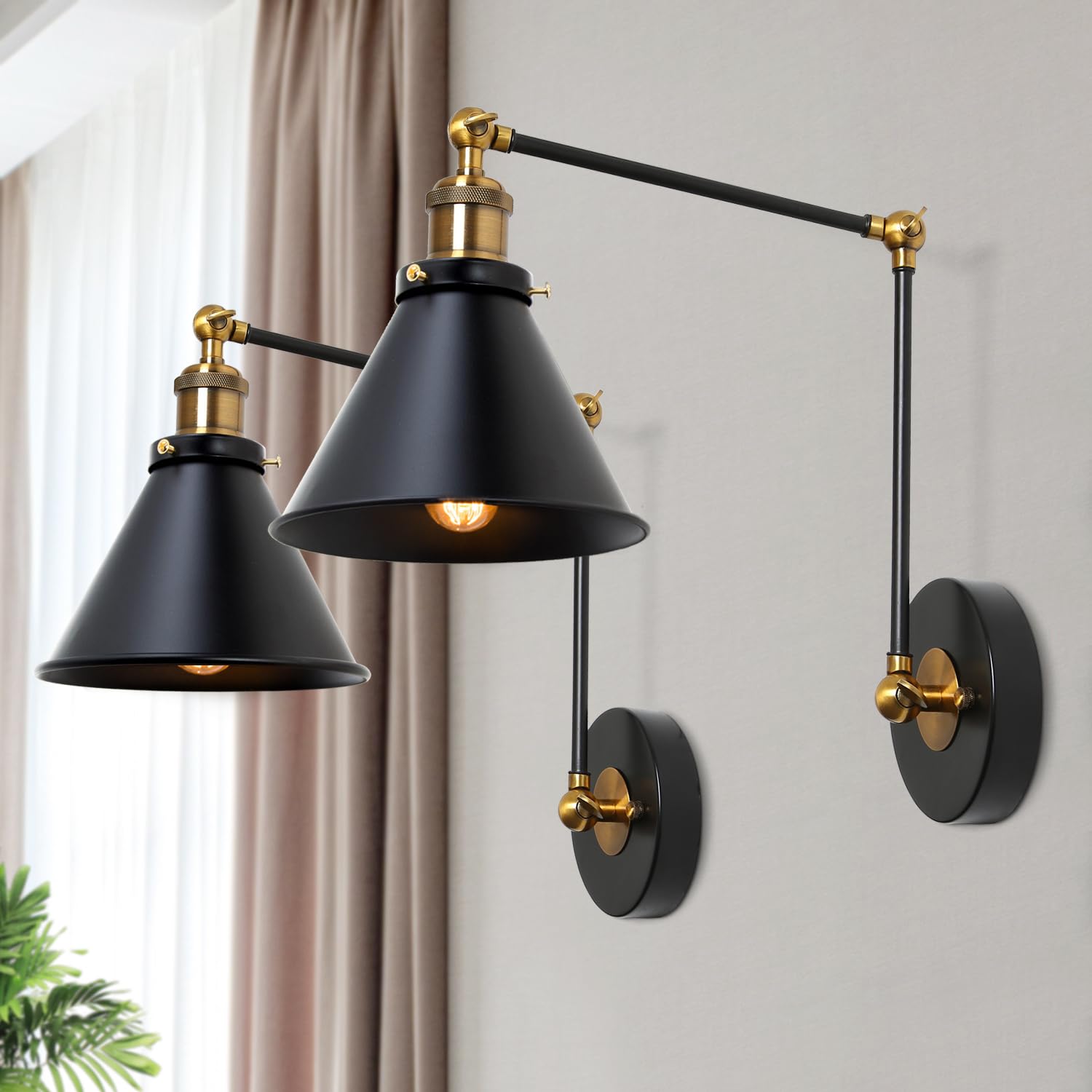 LALUZ Black Wall Sconces Lighting, 2 Pack Modern Industrial Swing Arm Plug in or Hardwired Adjustable Wall Lamp with Antique Bra