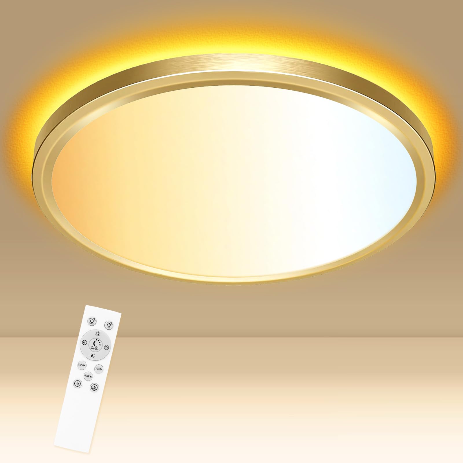 Libtit 12 Inch Gold Led Ceiling Light With Night Light 1800K, 24W 3000K/4000K/6500K Dimmable Flush Mount Light Fixture With Remo