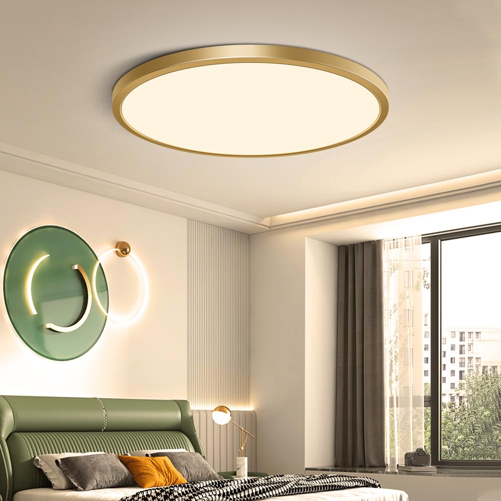 Fletergib 12 Inch Gold Led Ceiling Light, 3000K Warm White, 24W Gold Flush Mount Ceiling Light, 3200Lm Round Low Profile Ceiling Lights For Bedroom, Living Room, Dining Room