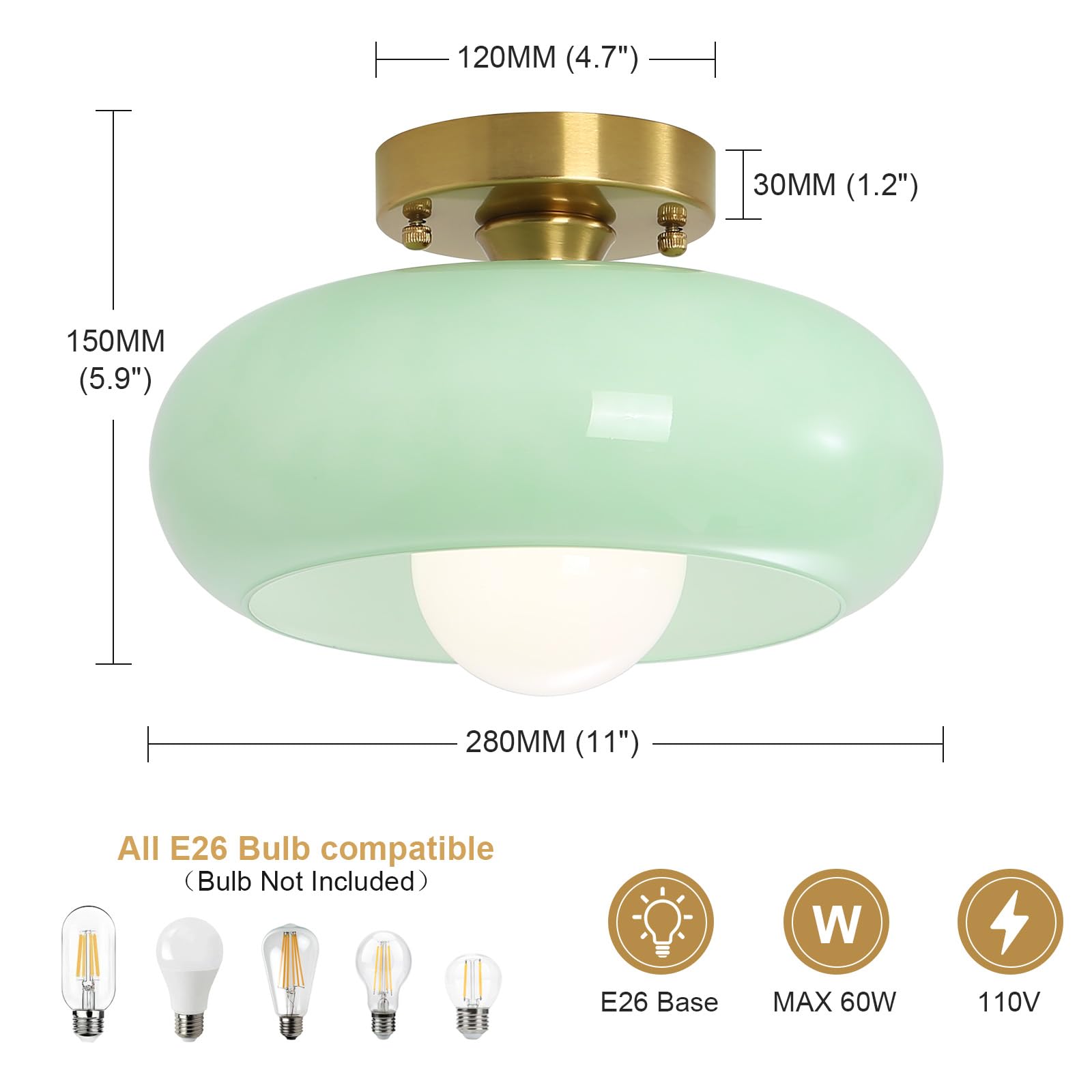 Yunnix Flush Mount Ceiling Light Glass Fixture 11.02 inch Mint Green Gold Base for Bedroom Kitchen Dining Room Hallway
