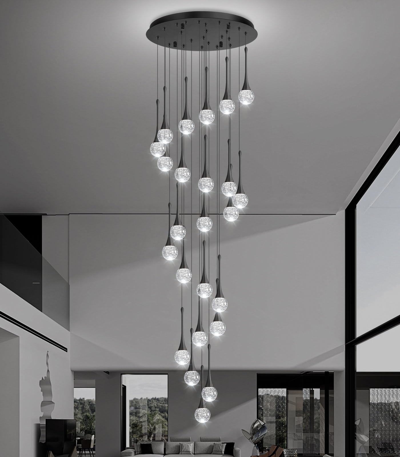 24 Light Modern Glam Crystal Chandelier For High Ceiling Led Dimmable Ceiling Pendant Light Staircase Foyer Enterway Living Room Chandelier Lighting Antique Black