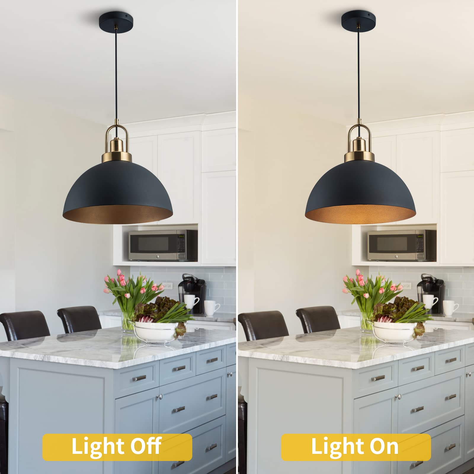 Yhanfengcy 2 Vintage Industrial Pendant Light 13.58 ''Dome Black And Gold Chandelier Lighting Brass Socket Chandelier Line Lengt