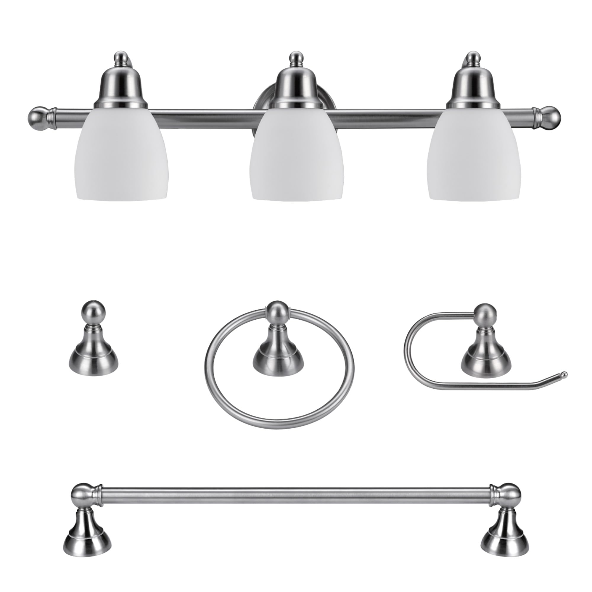 Globe Electric 51229 Jayden 5-Piece Bathroom Set, Satin Nickel, 3-Light Vanity, Glass Shades, 9.84 inches