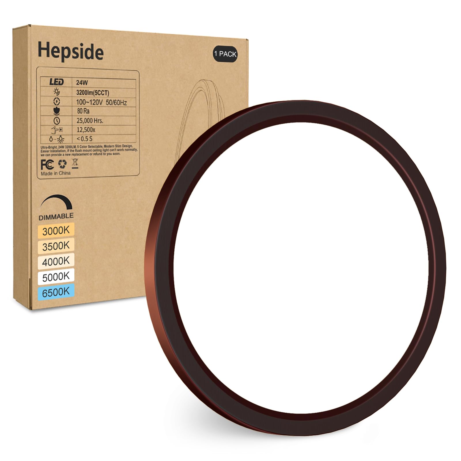 Hepside Led Flush Mount Ceiling Light Fixture Oil Rubbed Bronze, 12Inch 24W, Dimmable&3000K-6500K Adjustable Low Profile Ceiling