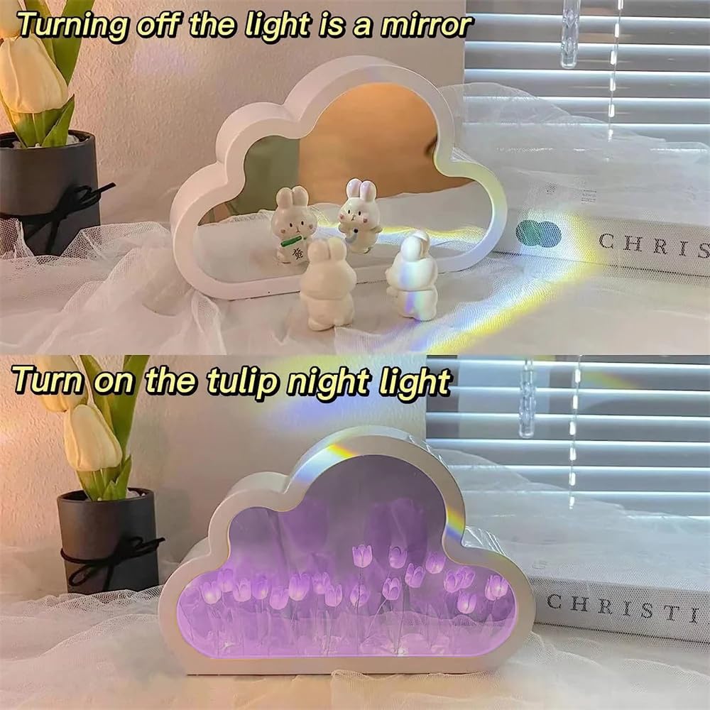 Logazoo (20 Flower) Tulip Lamp Night Light With Mirror  Assembled Artificial Flower Lamp Table Light Bedroom Decoration Gift For Women Girlfriend Sisters Desk Table Decor  Cloud Design (Purple)