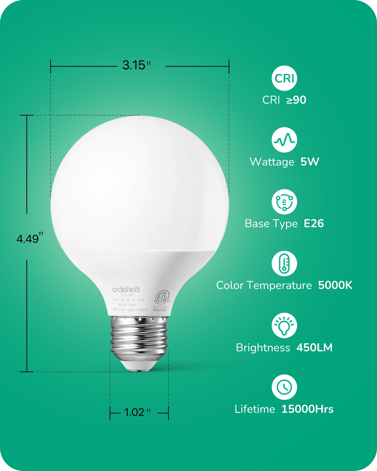 Edishine Vanity Light Bulbs, G25 Led Bathroom Light Bulbs, 25 Watt Equivalent Globe Light Bulb, Cri90+ 5000K Daylight White 450L