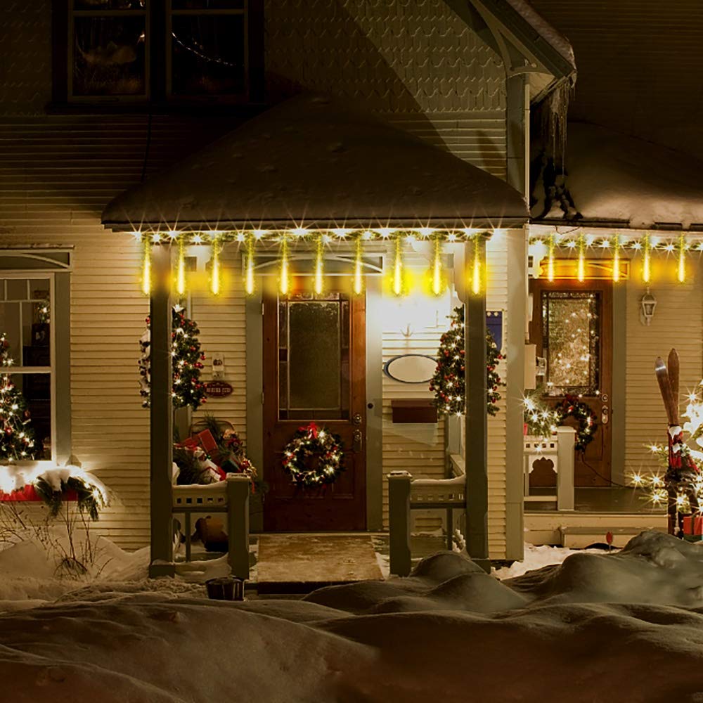 Kwaiffeo Warm White Christmas Lights Outdoor, 24 Tubes(Equivalent To 3 Sets Of 8-Tube) Led Meteor Shower Lights For Xmas Wedding Party Decorations, Warm White Fairy Icicle Lights For Yard Outside