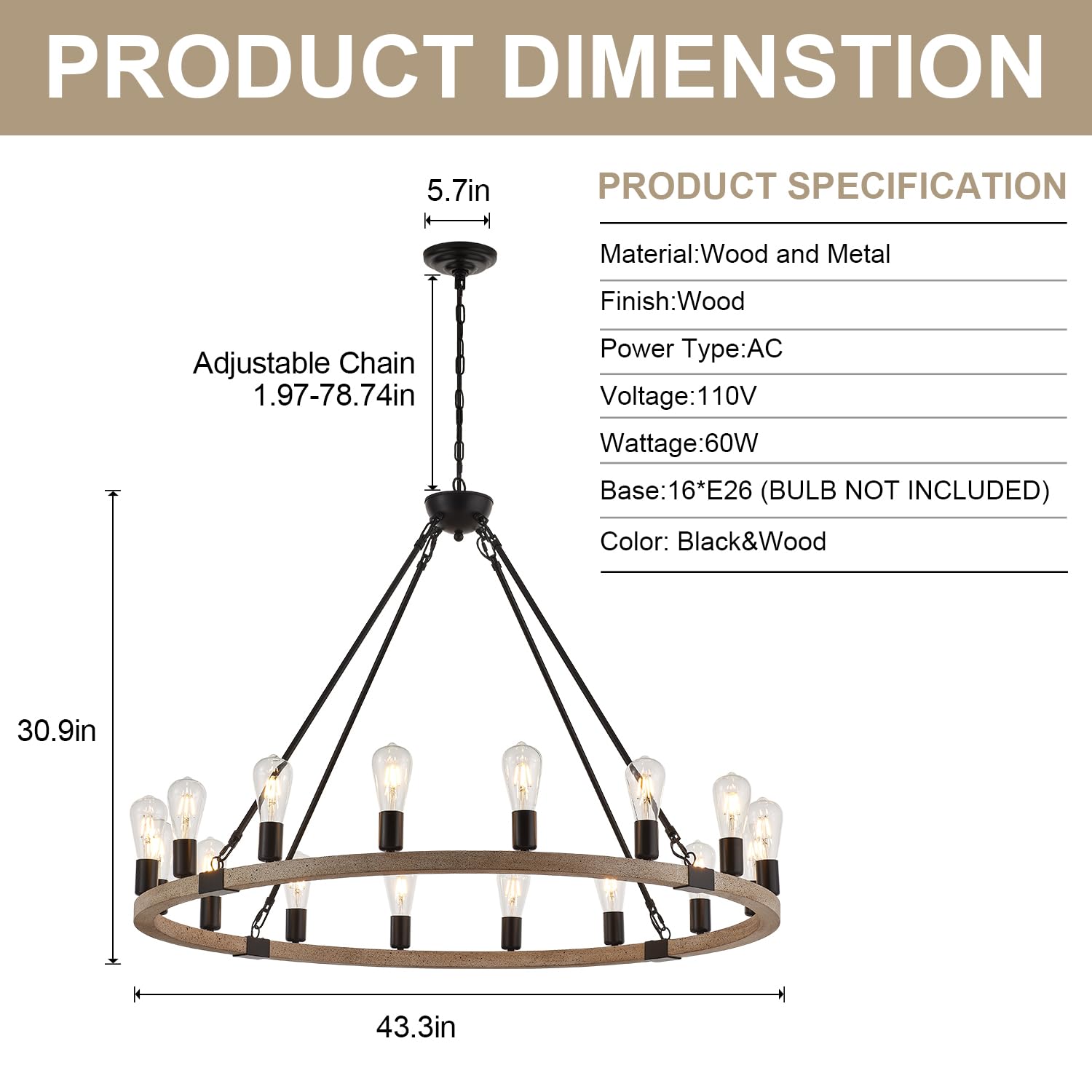 Brfaixla 16 Lights Wooden Wagon Wheel Chandelier Farmhouse 43.3’’ White, Black Metal Pendant Chandeliers Wood Vintage Rustic Light Fixtures Industrial For Living Dining Room Foyer High Ceiling Villa