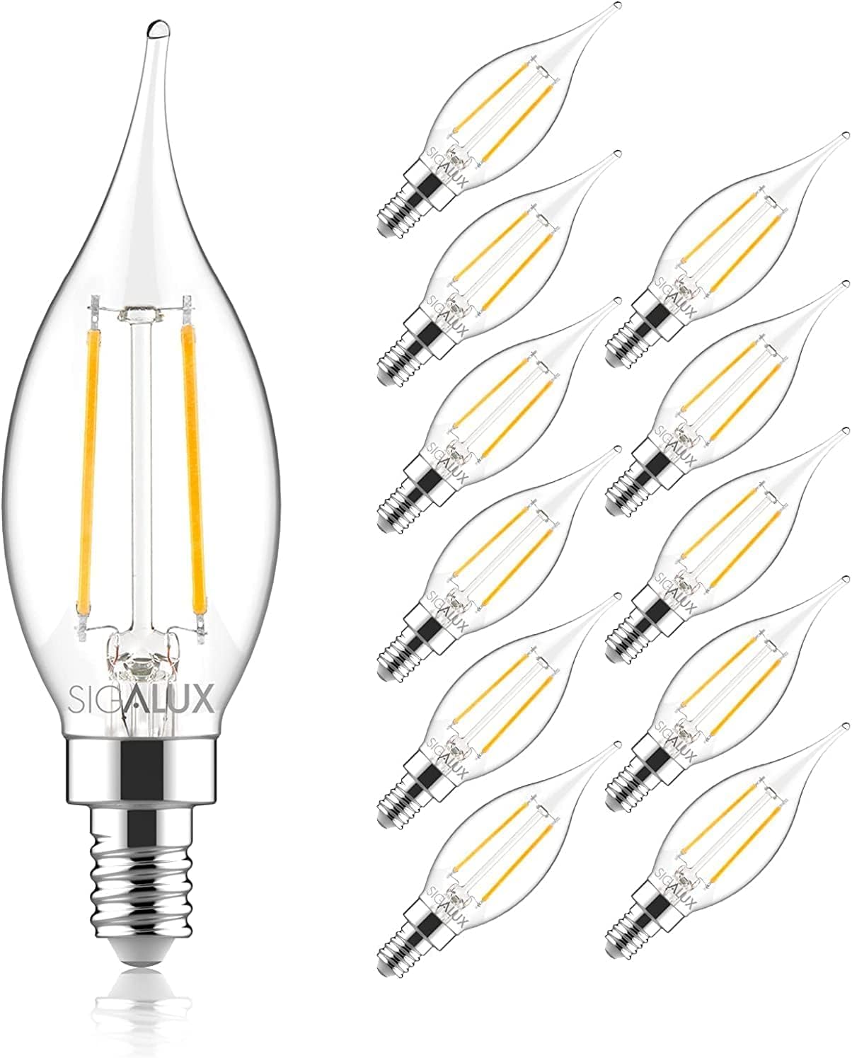 Sigalux E12 LED Bulb, Dimmable Flame Tip, 4.5W, 500LM, 5000K Daylight, 12 Count, CA10 Candle Light Bul