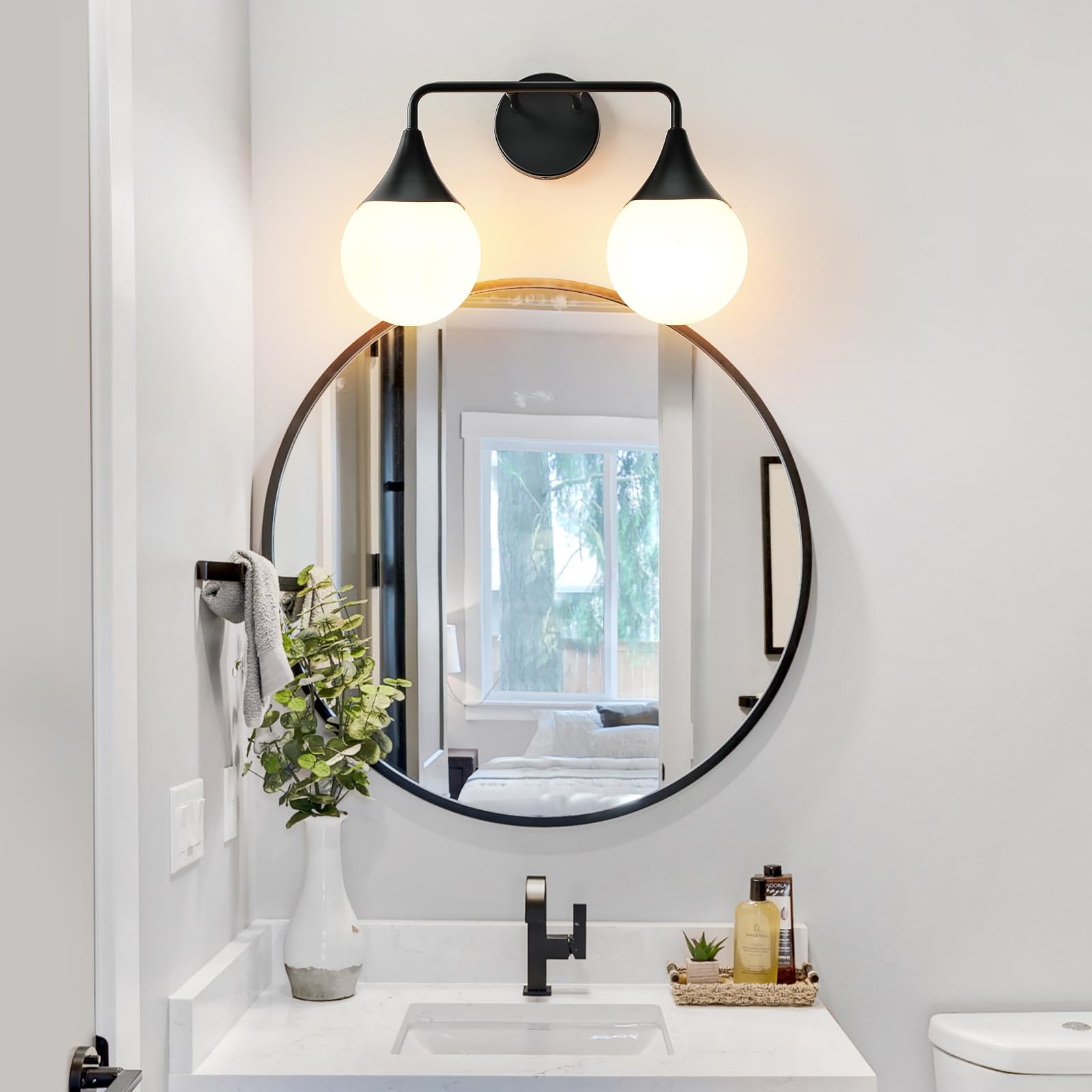 HAHZT Bathroom Vanity Light Fixture - 2 Lights Mid Century Black Metal Sconces with Frosted Globe Glass - Model 8089ML