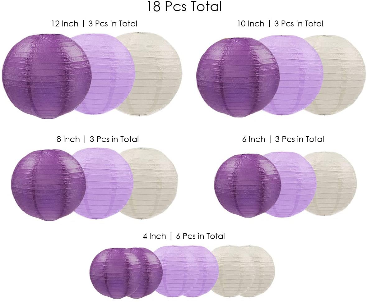 UNIQOOO 18PCS Paper Lantern Set, Royal Purple, Easy Assemble, Hanging Decor for Weddings, Parties, Home, Outdoor, Model 05PLKD-PURSET-18P