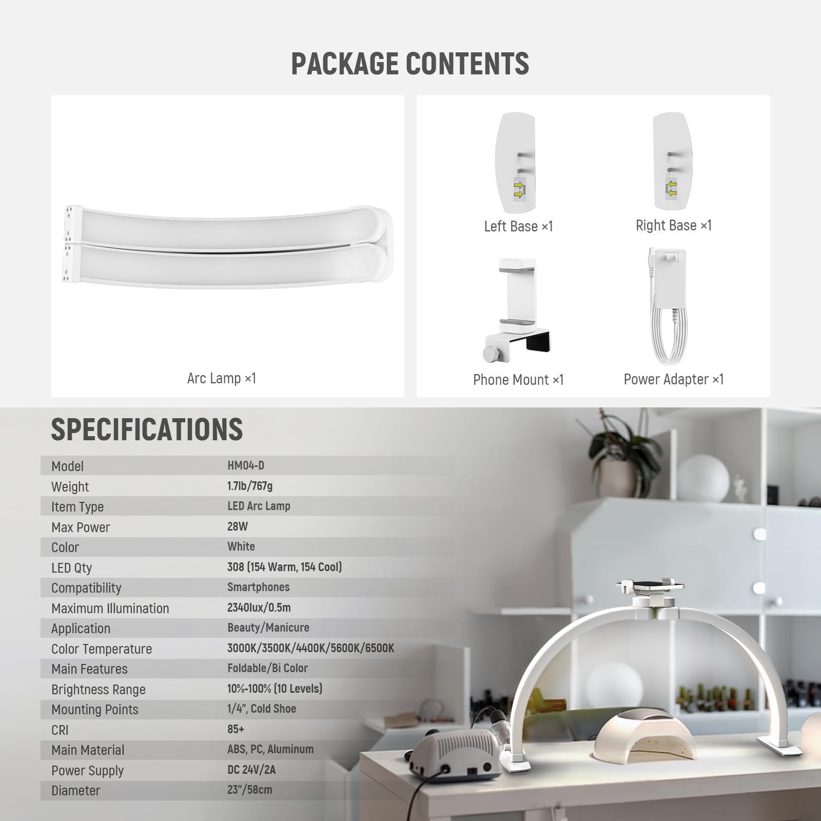 Neewer Basics 23 Half Moon Nail Light For Desk  308 Leds 28W Bi Color Cri85+ Foldable Nail Tech Table Arc Lamp With Overhead Phone Mount For Manicure Handicraft Lighting Beauty Video Recording Hm04-D