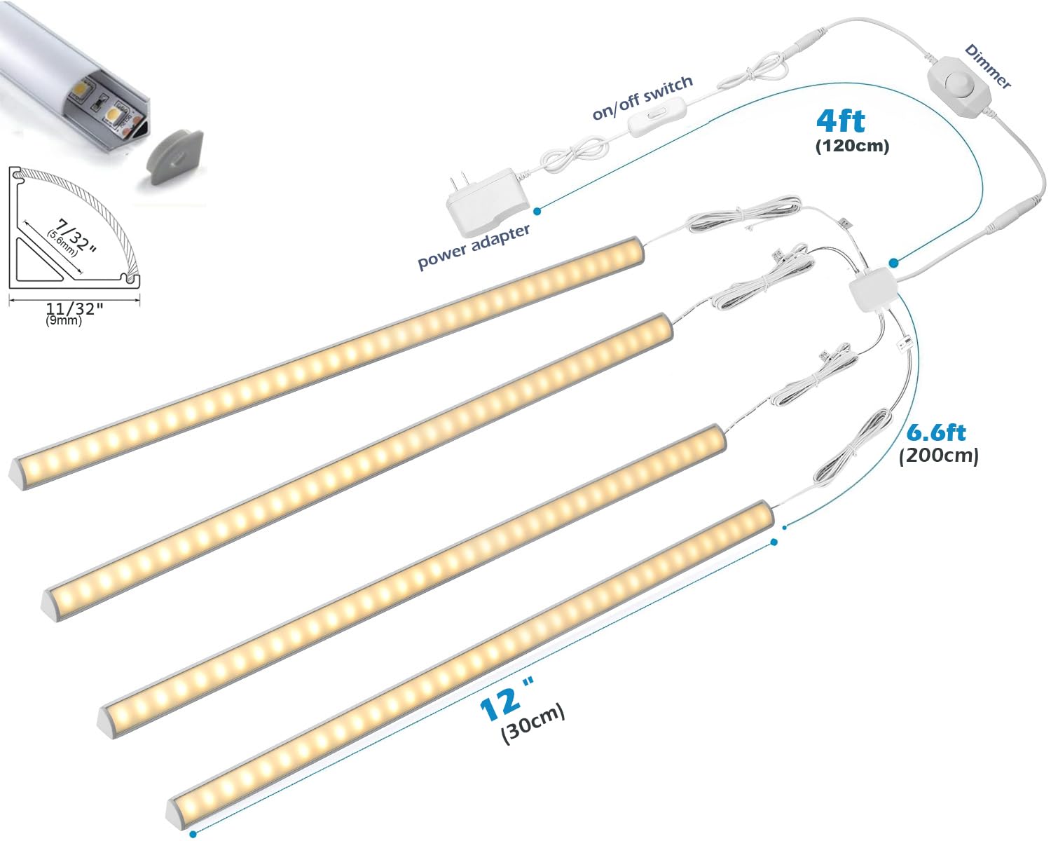 Cefrank V-Shape Under Cabinet Lighting Kit, 4pcs 12" Dimmable LED Light Bars, Warm White 3000K, Model H-009-180-W, 120