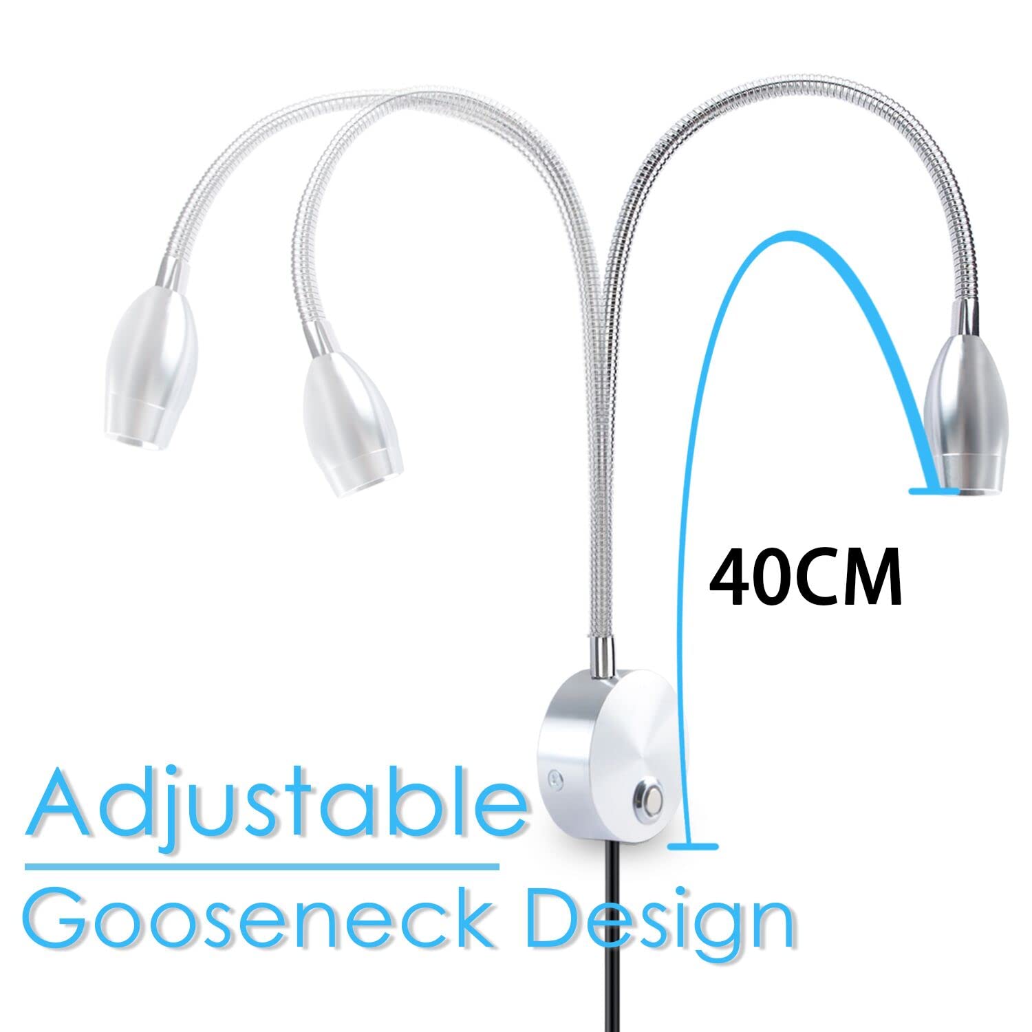 Adust 3W LED Touch Dimmable Bedside Reading Lamp, Adjustable Color Temperature, Brushed Nickel, 2 Pack, Model RL-2