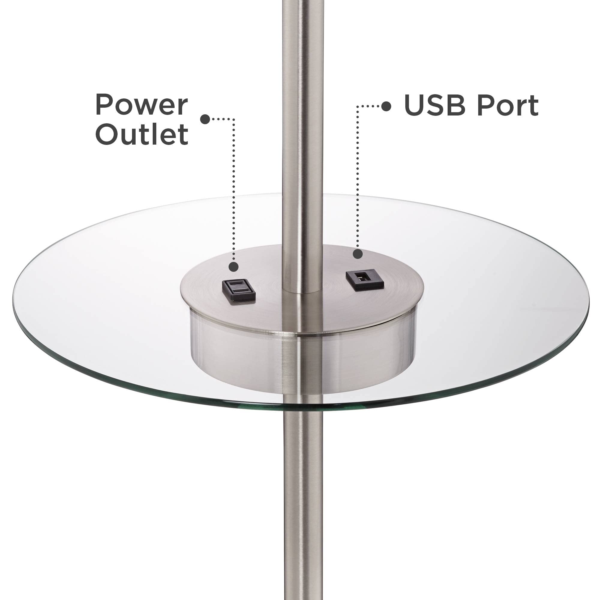 360 Lighting Caper Modern Floor Lamp With Tray Usb And Ac Power Outlet On Table Glass 60.5'' Tall Satin Nickel White Fabric Drum