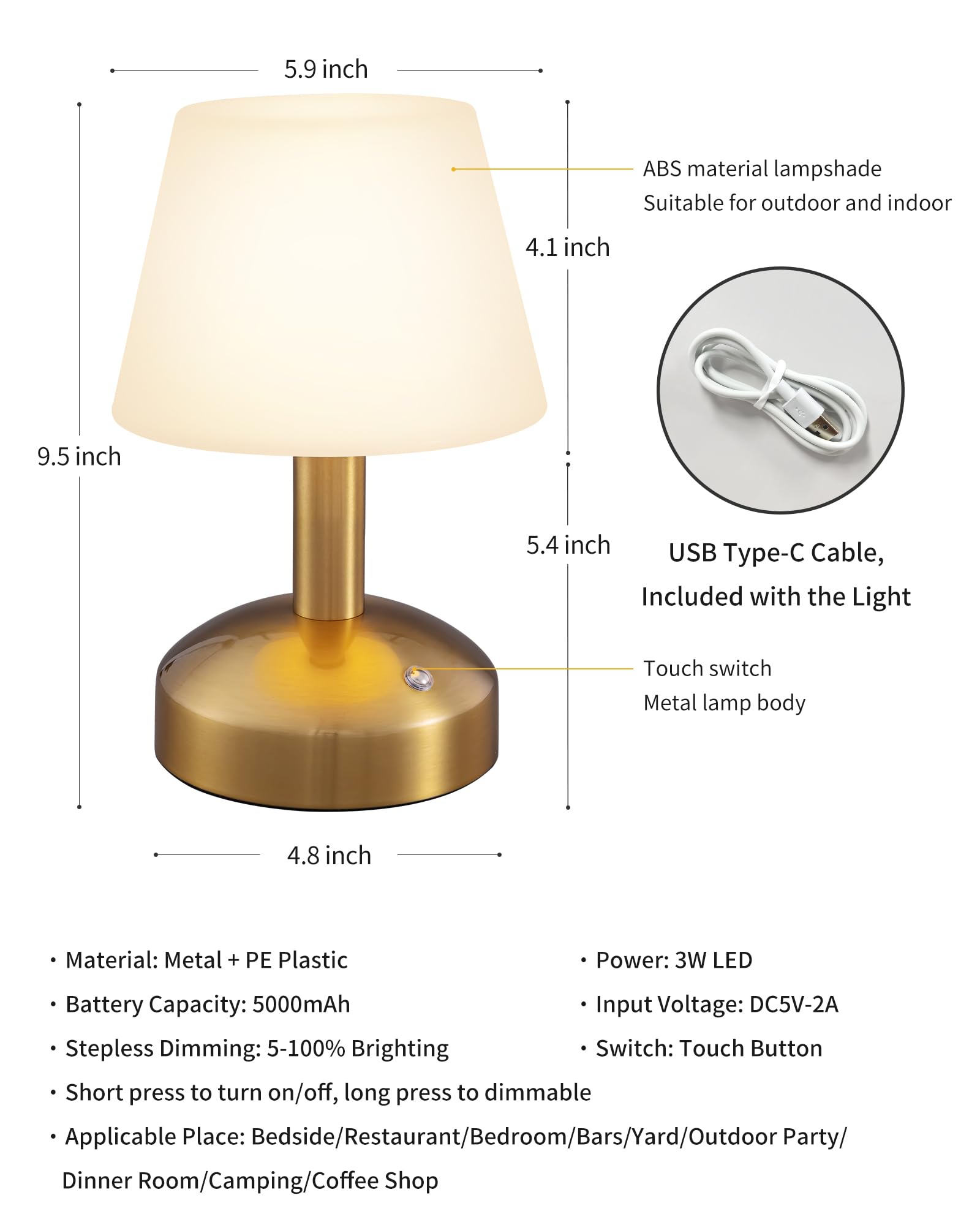 KDG Cordless Table Lamp - Portable LED, Dimmable, 5000mAh Battery, Gold & White, Model AMZ-TBL-012-G