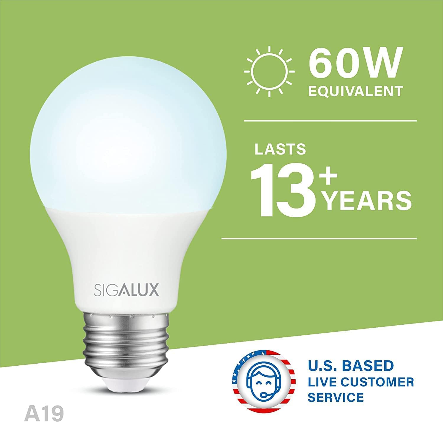 Sigalux 60W Equivalent A19 Led Light Bulb, Daylight Led Light Bulbs 5000K 800Lm E26 Medium Base, Non-Dimmable Led 9.5 Watt Stand