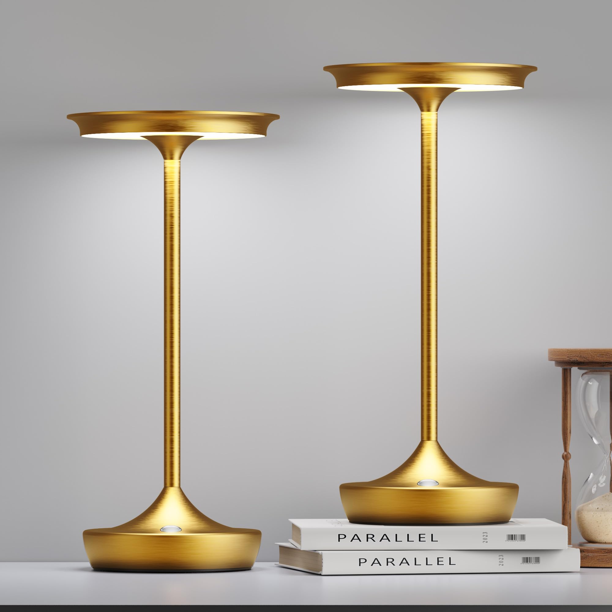SHANGCAI LED Rechargeable Cordless Table Lamps, 2 Pack Gold, Portable Outdoor Lighting, 3 Color Stepless Dimming, Aluminum