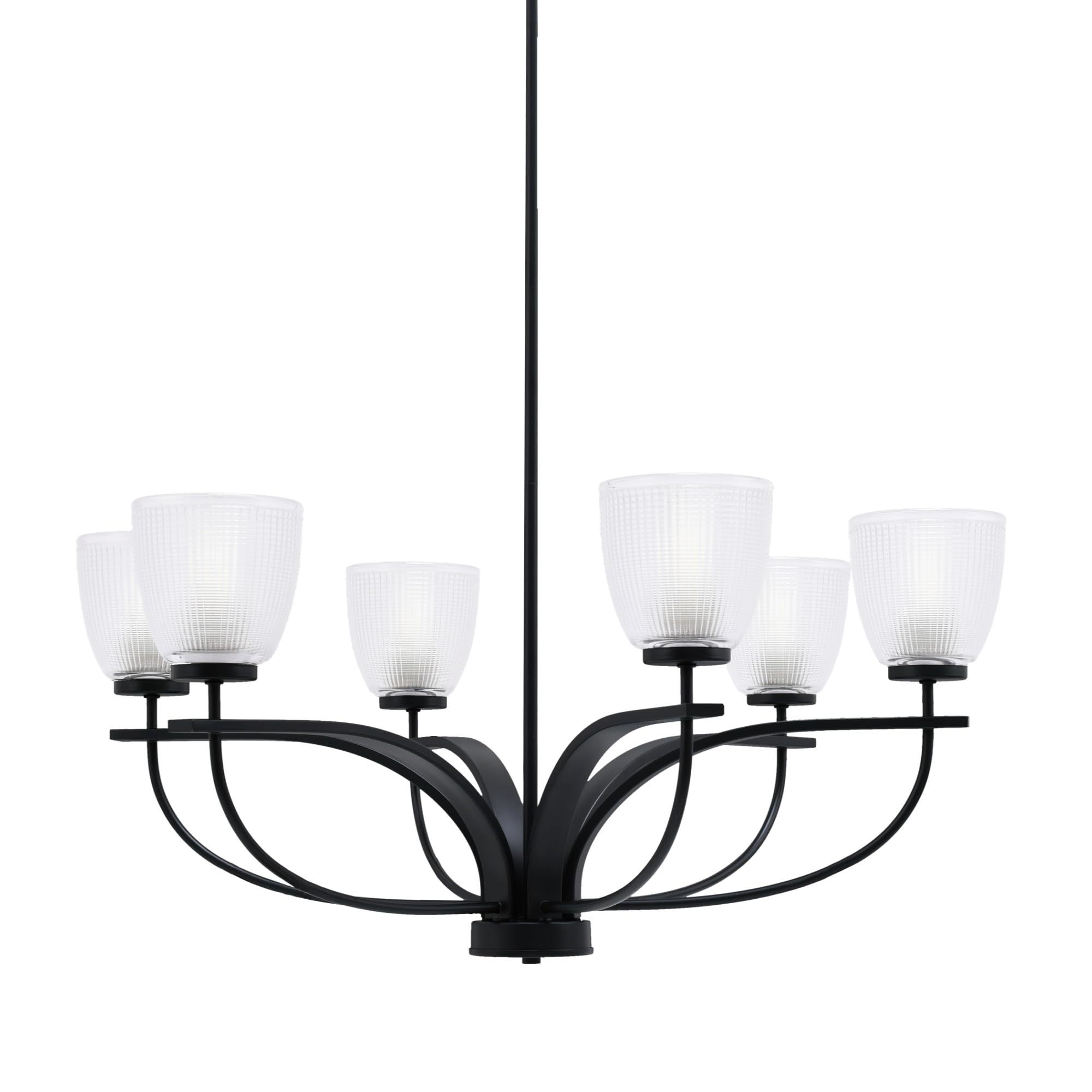 Toltec Lighting Cavella 6 Light Chandelier Shown in Matte Black Finish with 5&quot; Clear Ribbed Glass