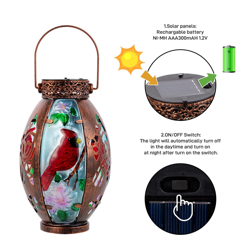 Starsoul 2 PC Cardinal Outdoor Solar Lantern Cardinal Solar Light Waterproof Tabletop Lamp with Hollowed-Out Design for Yard Pat