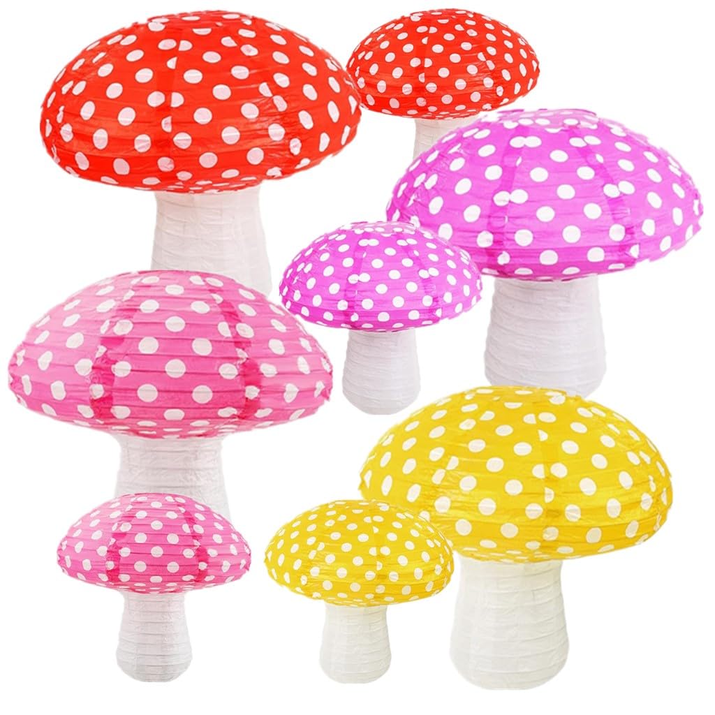 Kinteshun Folding Mushroom Paper Lantern Reusable Hanging Ornament Lamp Cover for Forest Garden Wonderland Theme Birthday Party 