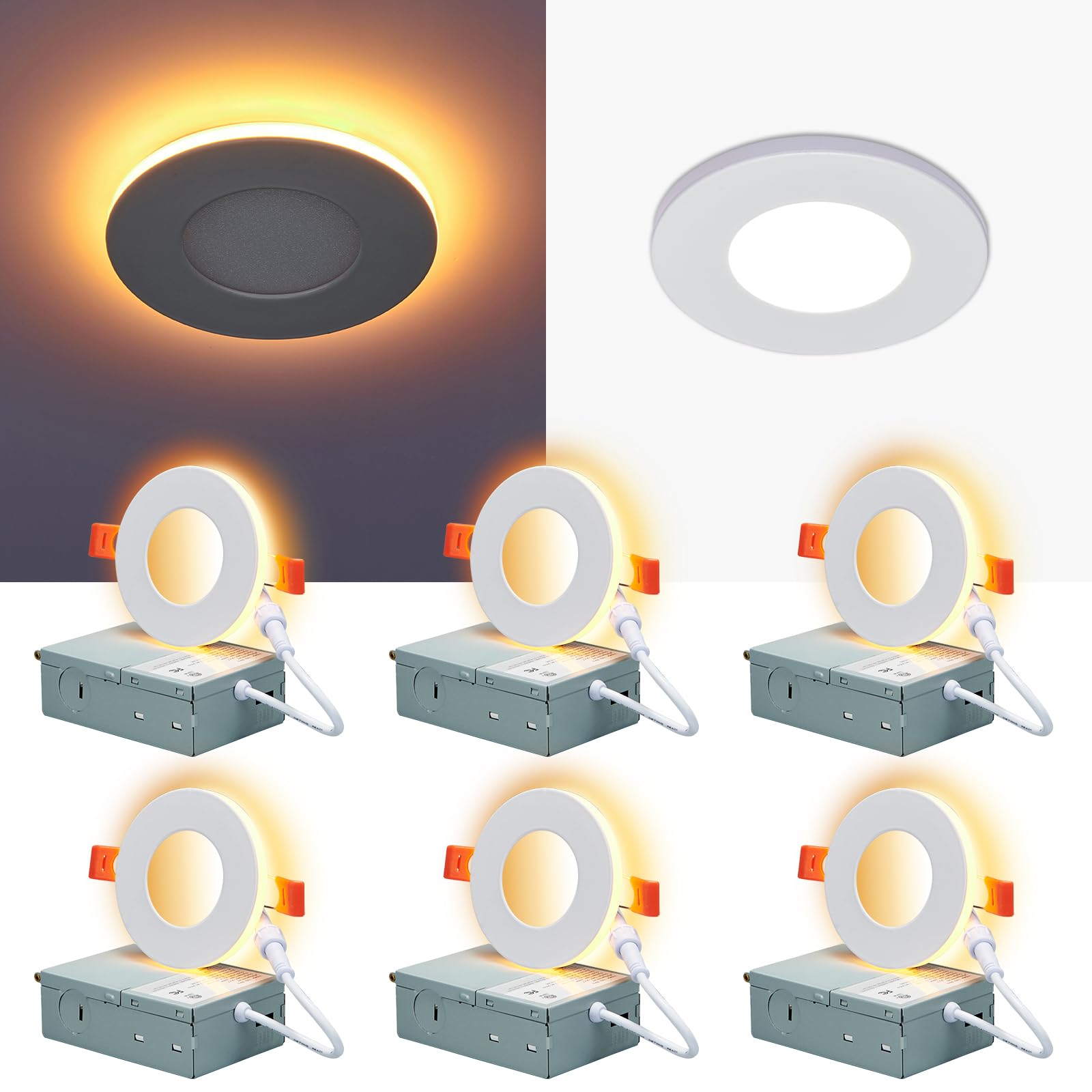 Cycevsun 3 Inch Led Recessed Lights With Night Light, Dimmable & 5Cct Selectable Canless Outdoor Soffit, Downlight Wafer Pot Light, 6W, Etl, Ic Rated, 6 Pack