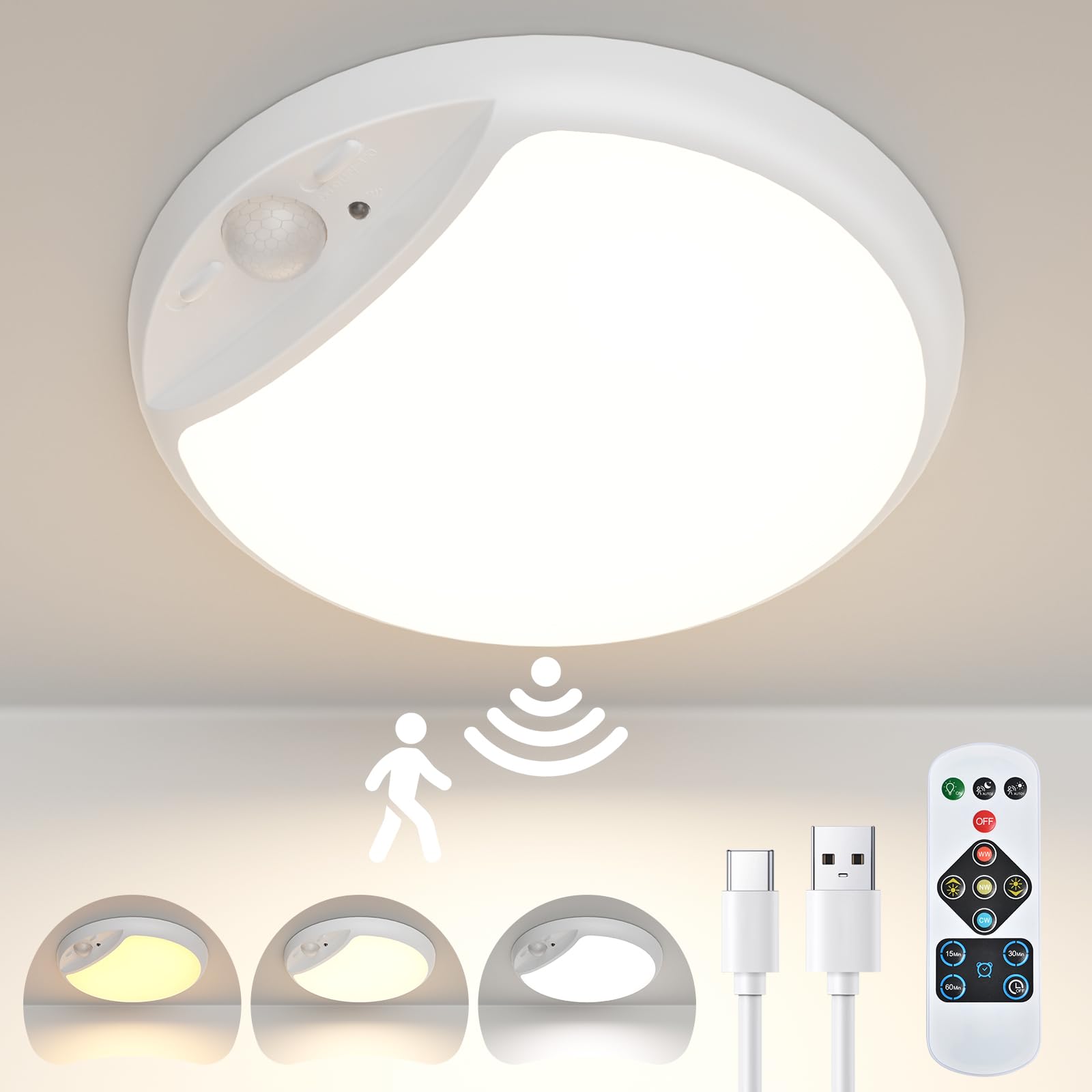 Hokone Ceiling Light, 10000mAh Rechargeable Motion Sensor LED Ceiling Light with Remote, Wireless Shower Lamp for Kitchen Closet