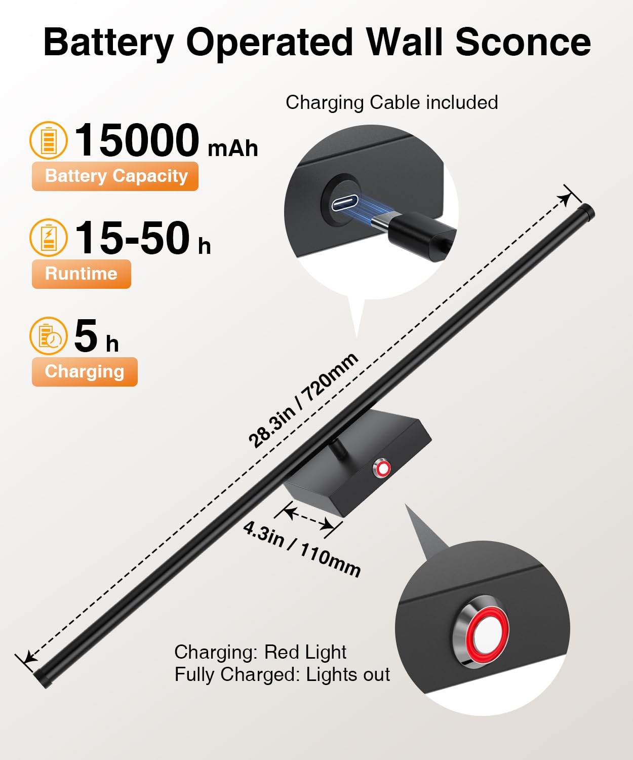 Abovizo Wall Sconces Set of 2, Battery Operated, 3 Color Dimmable, 15000mAh, Remote Control, Black, Model AB55/3A