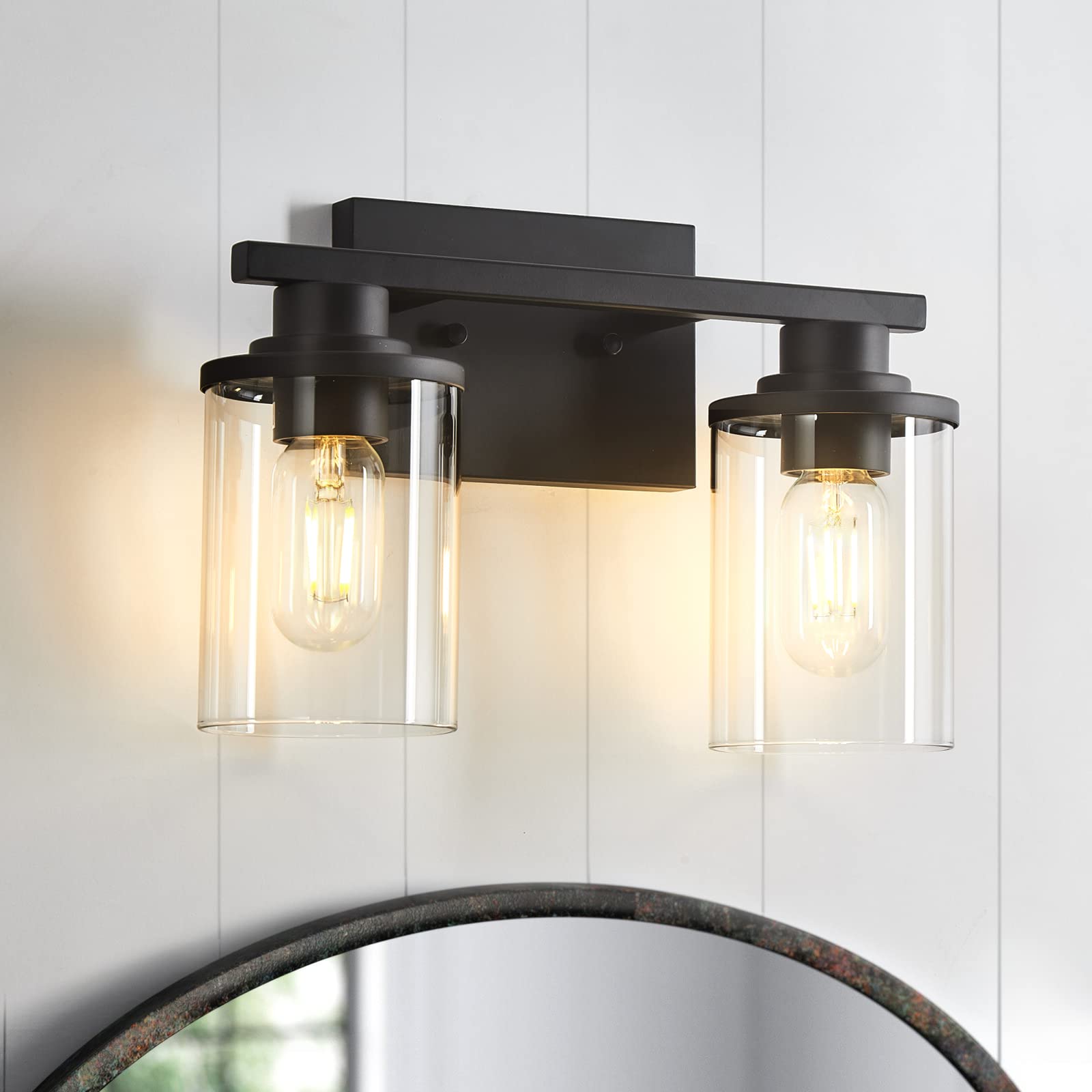 Stambord Bathroom Vanity Light, 2 Light Matte Black, Metal Base with Clear Glass Shade, Model 780279975000