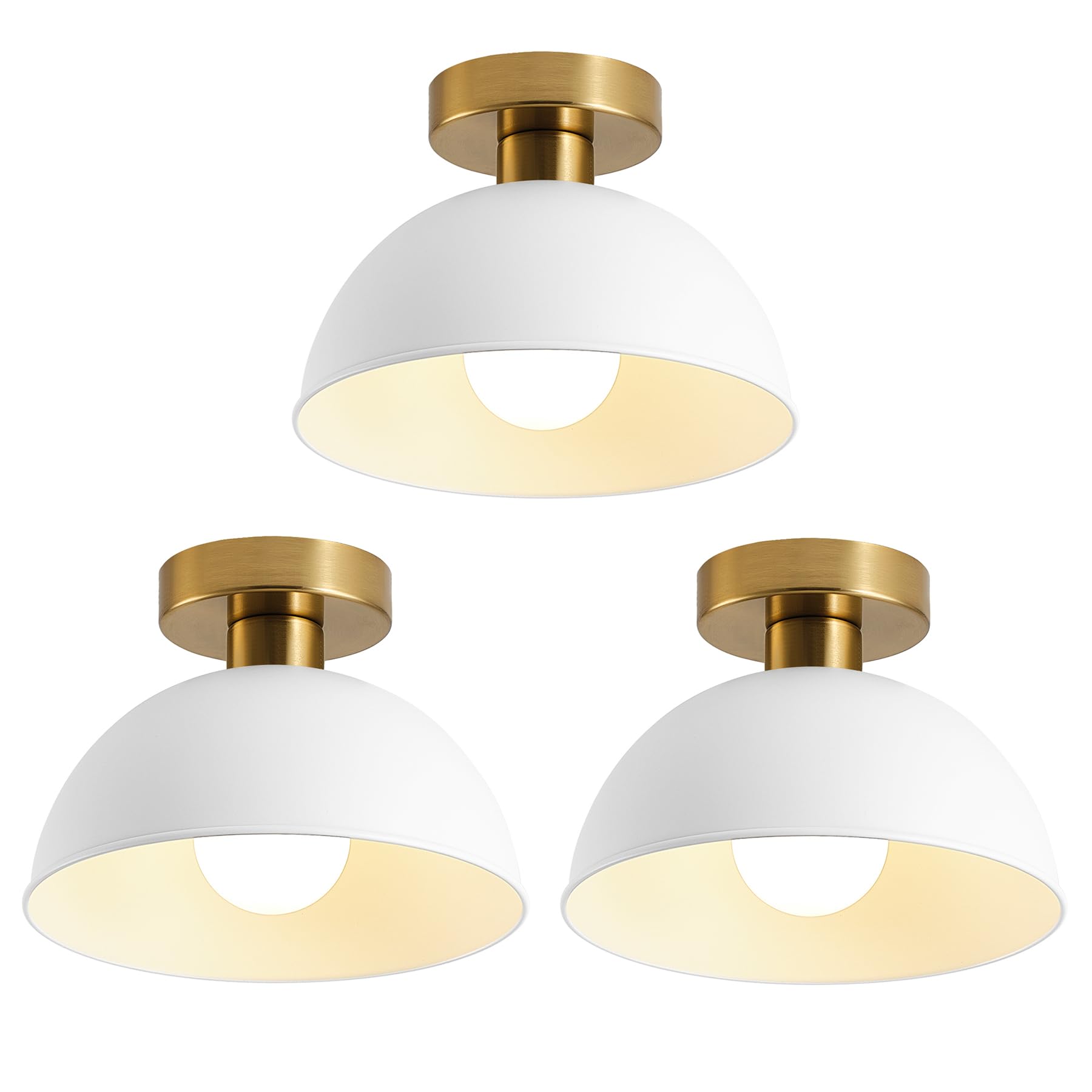 MIAOMEIO 3-Pack Industrial Semi Flush Mount Ceiling Light with Gold Plate and White Shade, Farmhouse Ceiling Light Fixture for K