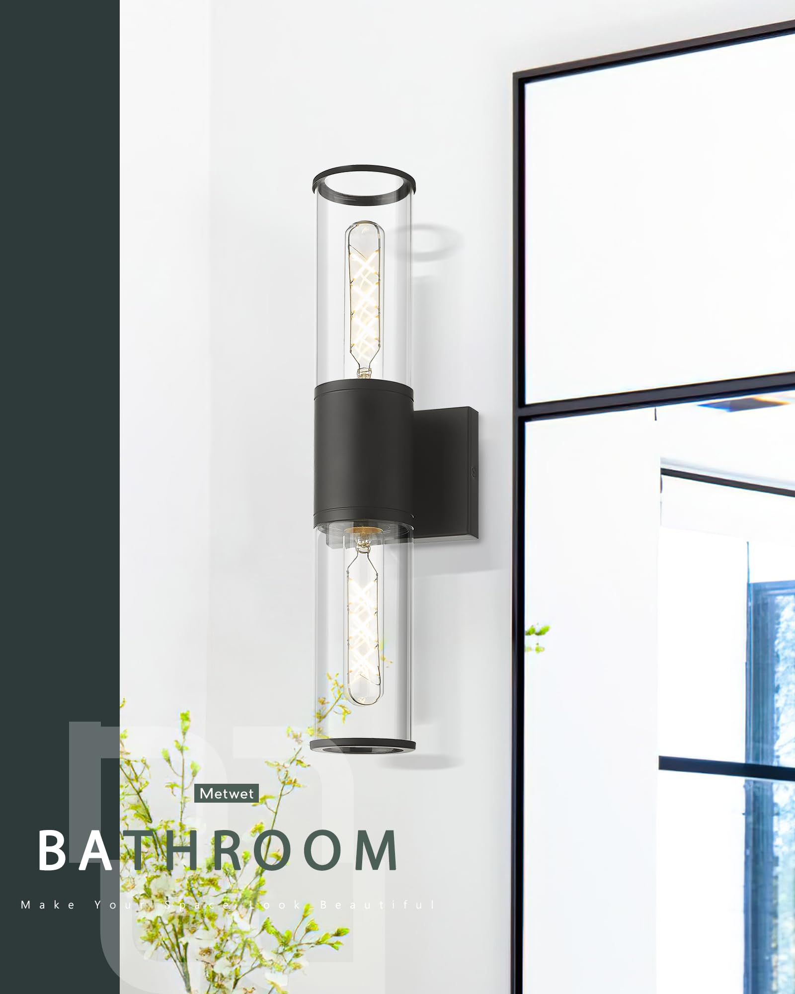 METWET Bathroom Vanity Light Fixtures, Matte Black Wall Lights in Clear Glass Indoor Wall Sconce, Modern Wall Light Up and Down