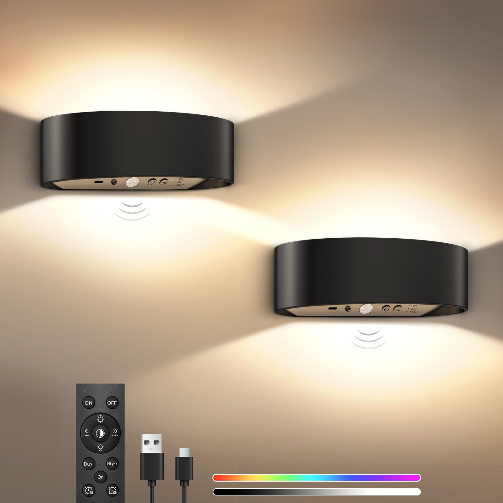 ToyGlee Motion Sensor Wall Sconces Set of 2, Rechargeable 5000mAh Battery Operated Wall Light with Remote Control, 15 RGB and 3 