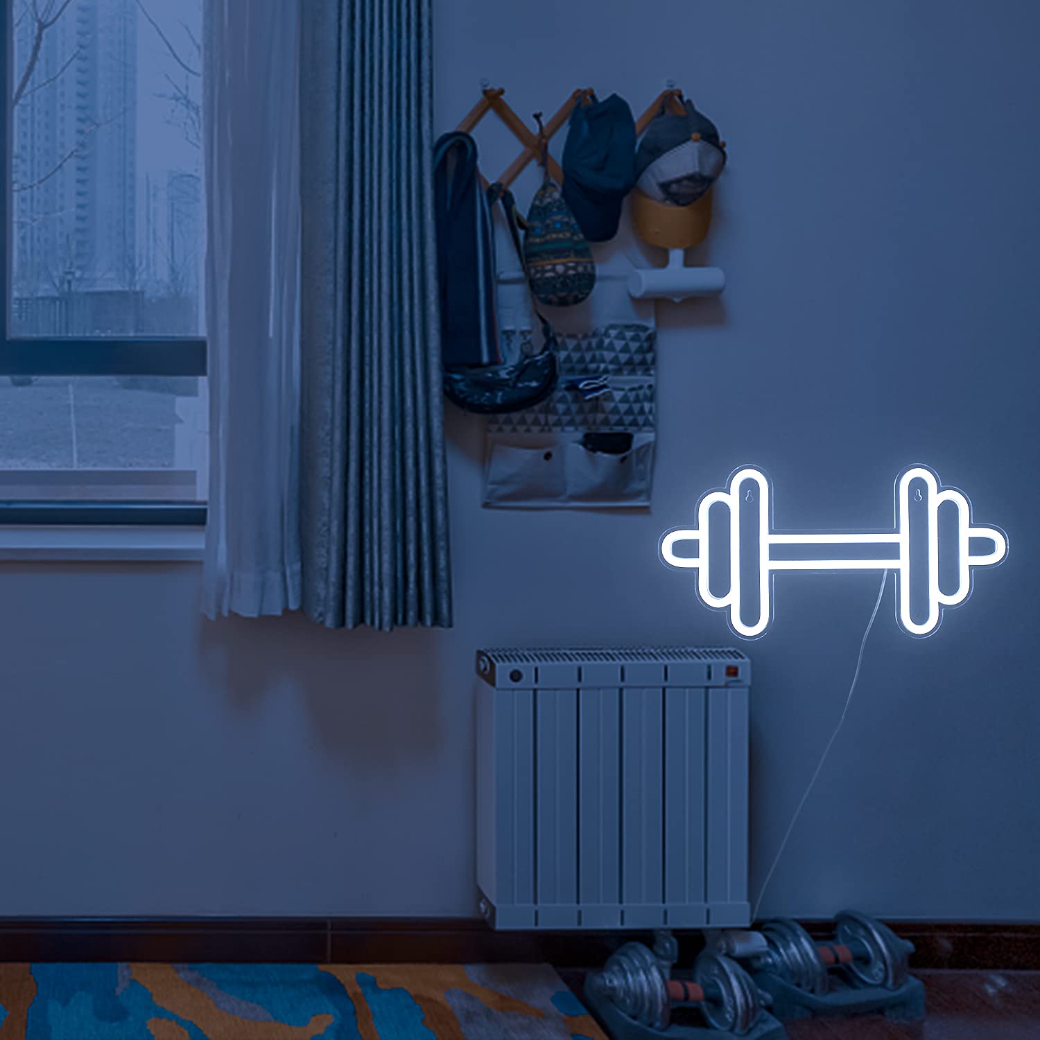 LUCUNSTAR Gym Neon Sign, Barbell Dumbbell Shape, LED Wall Decor, White, Model NS-DC-010-Dumbbells