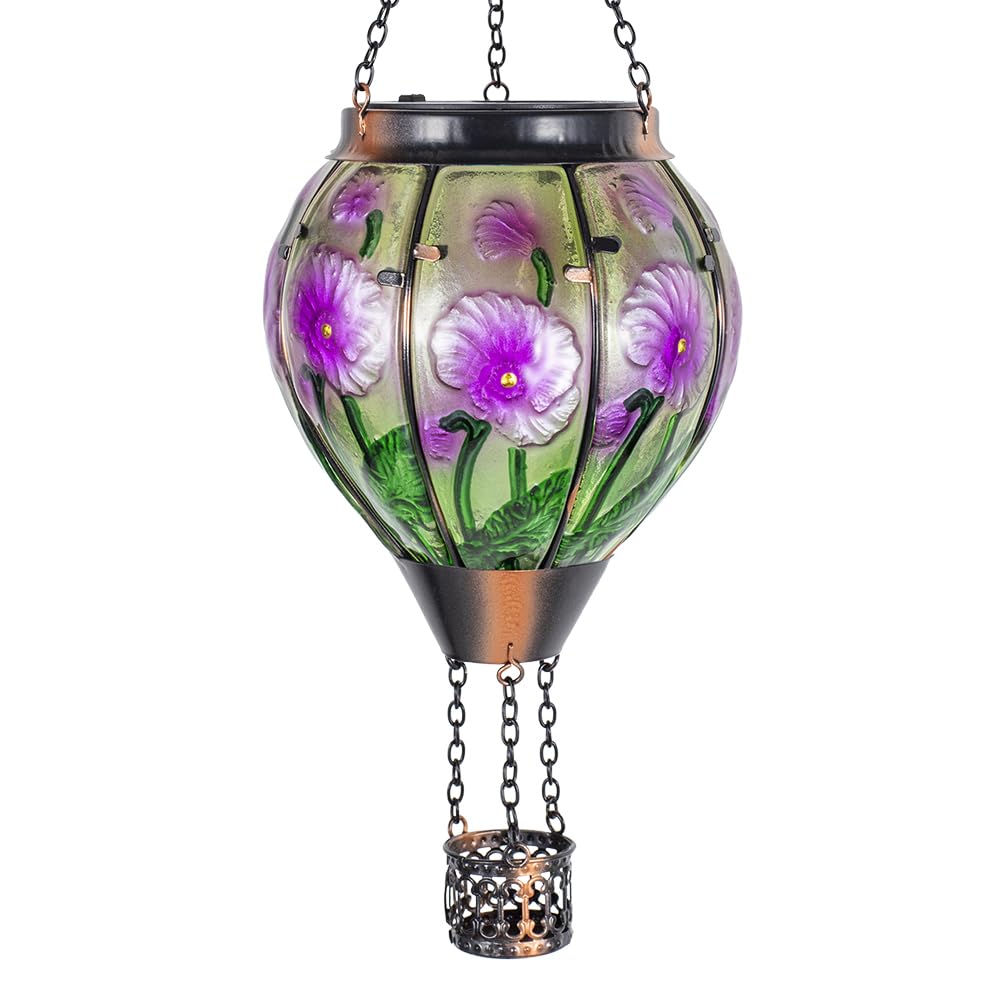 DREAMSOUL Solar Hot Air Balloon Lantern with Flame, Glass Hanging Solar Lantern Waterproof Purple Flower Lanterns Decorative Out
