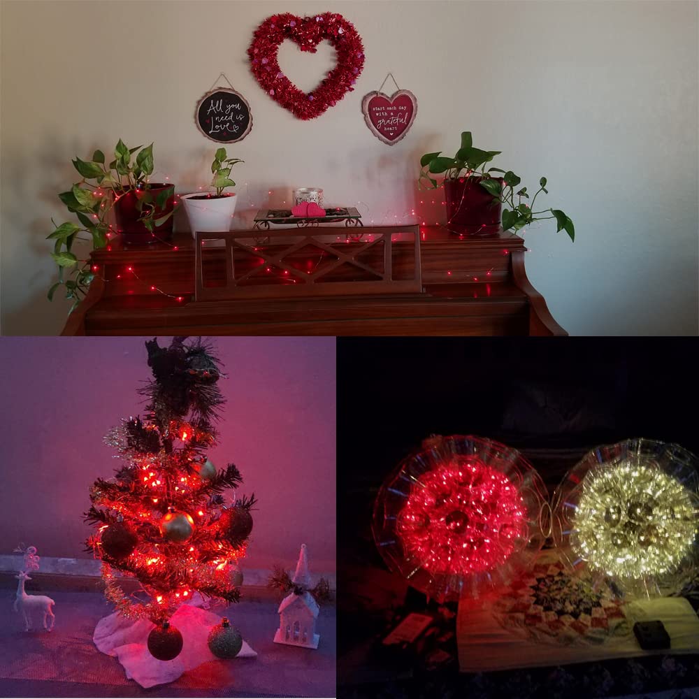 Bynlna String Lights,Led Copper Wire Lights, Each Set 33Ft/10M 100Leds And 9 Remote Control.Aa Battery Powered,Decor Rope Lights For Holiday,Wedding, Parties.(Red)