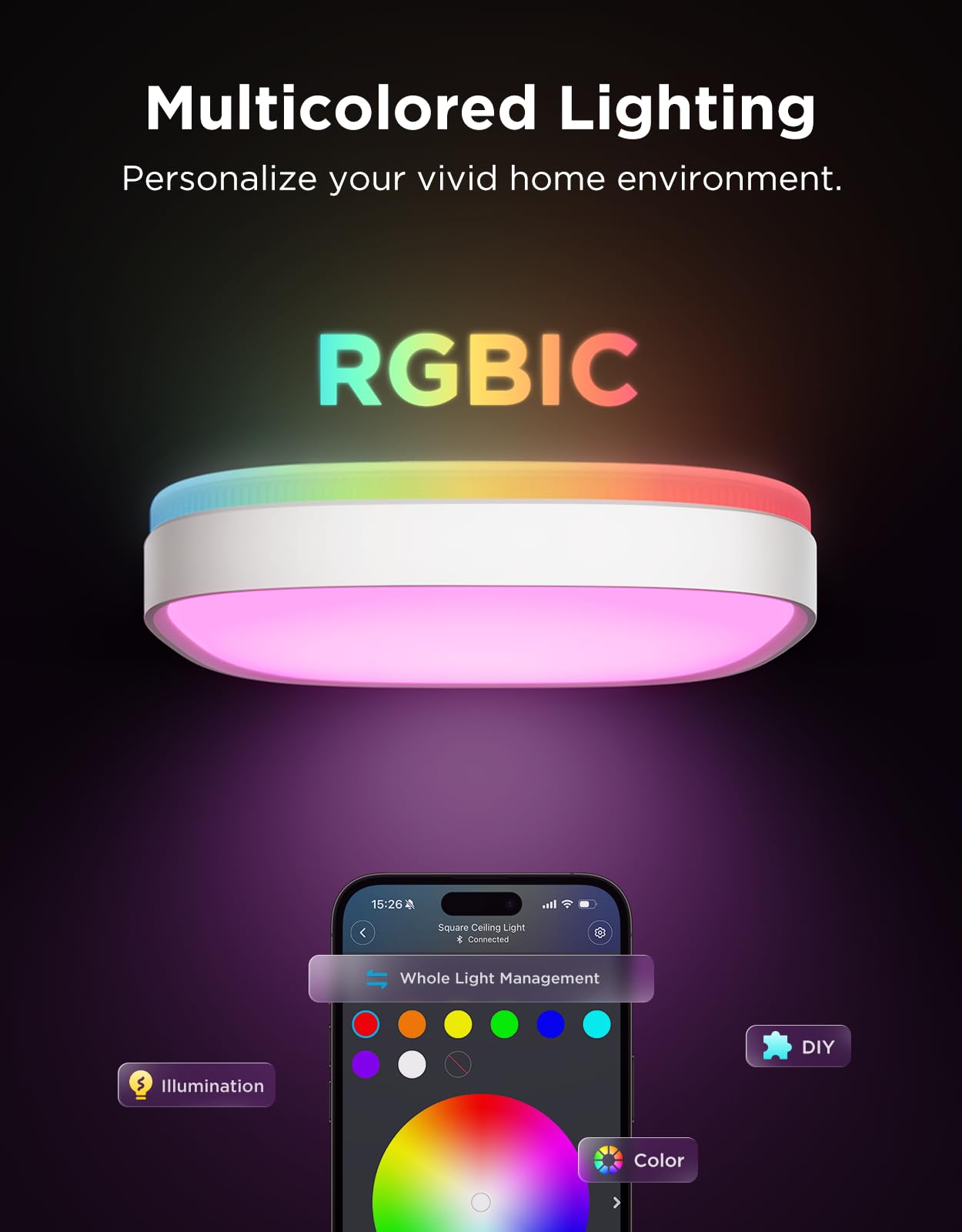 Govee Smart Ceiling Light Fixture, RGBIC LED, 12 Inch, 2400LM, Dimmable, White, Model H60A4, Flush Mount for Bedroom/Living Room