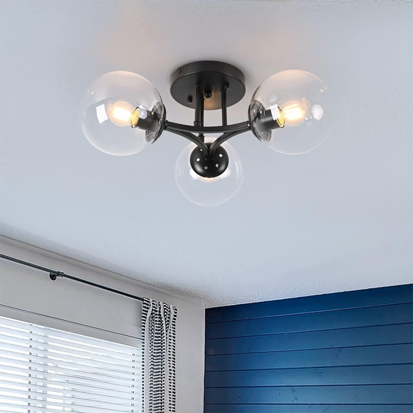 Bagood Mid Century Modern Ceiling Light Clear Globe Semi Flush Mount Ceiling Light Black Sputnik Light Fixture Chandeliers Clear Glass Matte Black Chandeliers Living Room Dining Room Bedroom 3 Lights